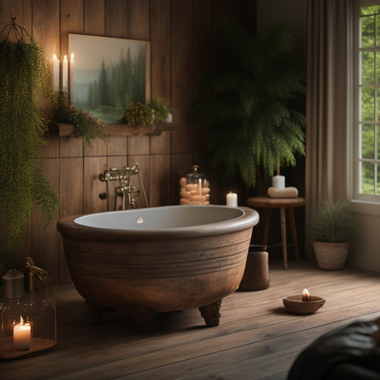A serene bathroom scene featuring a freestanding wooden bathtub with a natural wood grain finish, surrounded by lush greenery, candles, and soft, warm lighting, evoking a sense of relaxation.