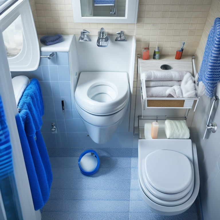 A clutter-free, compact bathroom in a boat, featuring a miniature sink, toilet, and shower, with a few carefully selected tools and storage solutions, such as a retractable toilet brush and suction cups.