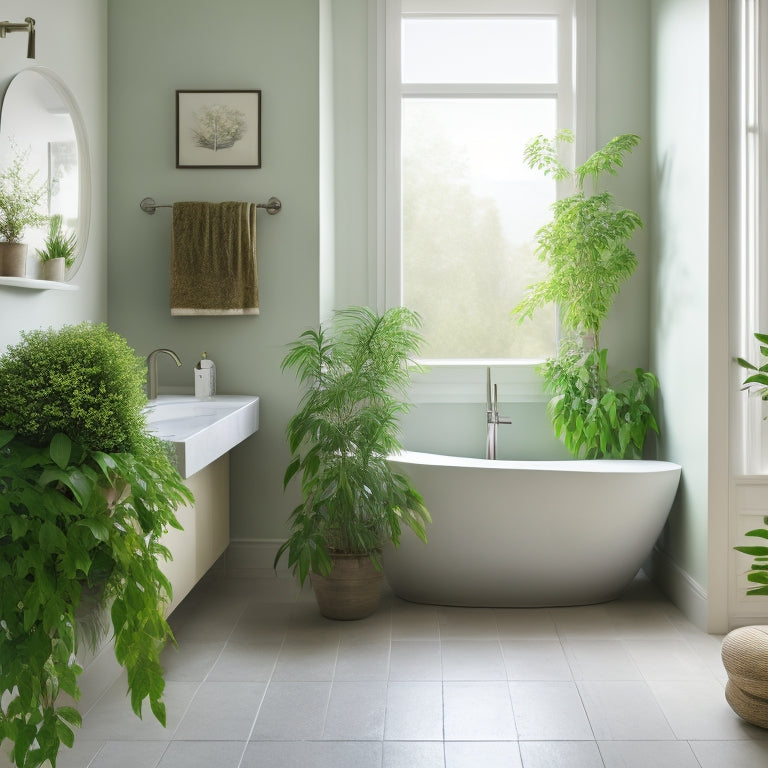 A serene, minimalist bathroom with a freestanding tub, surrounded by large, unadorned walls, a wall-mounted sink, and a few, carefully placed, lush green plants.