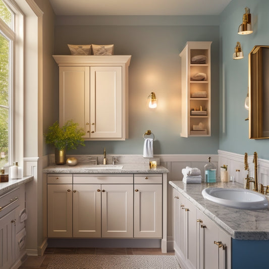 A beautifully styled bathroom with 5 distinct wall-mounted medicine cabinets of varying shapes, sizes, and materials, illuminated by soft natural light and subtle decorative accents.