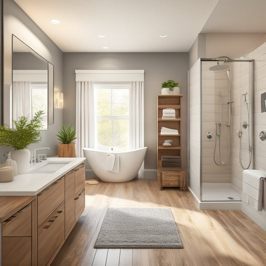 A modern bathroom with a mix of white, gray, and wood tones, featuring a large walk-in shower, freestanding tub, and sleek vanity, surrounded by calculators, blueprints, and renovation tools scattered on the countertops.