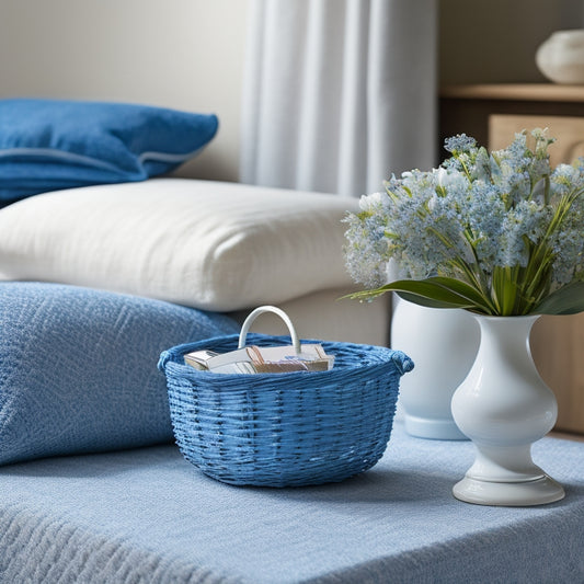 A softly lit, clutter-free bedside table with a woven basket caddy, holding a book, reading glasses, and a small vase with fresh flowers, against a serene, light-blue background.