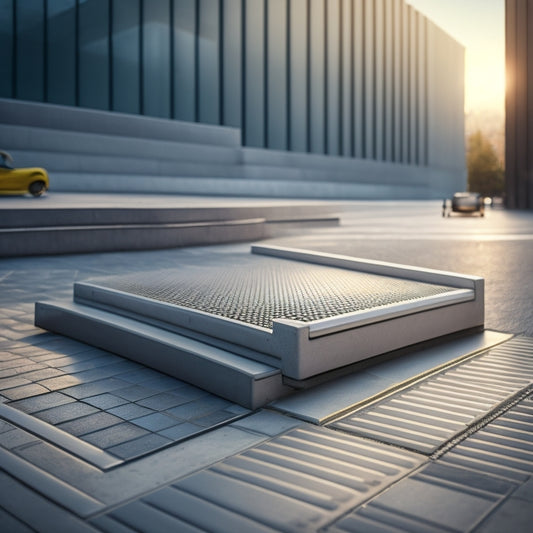 A 3D illustration of a wheelchair-accessible ramp merging with a grid of squares, surrounded by subtle ADA symbols, with a subtle glow and modern, sleek architecture in the background.