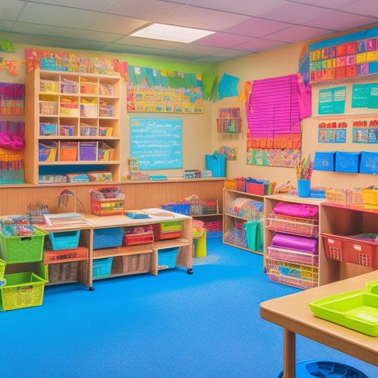 A colorful, organized, and clutter-free classroom with a teacher's desk in the center, surrounded by neatly arranged shelves, baskets, and charts, featuring various educational tools and resources.