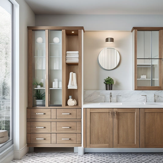 A modern bathroom with three hanging wall cabinets in different styles: one with a mirrored door, one with a wooden lattice design, and one with a frosted glass front, against a clean white background.