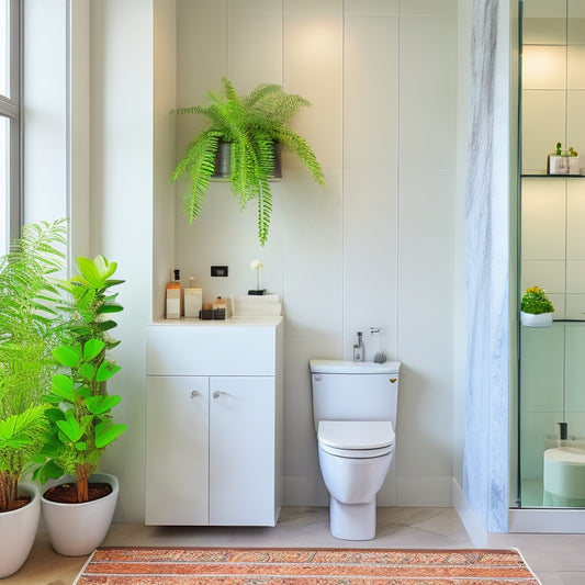 A modern, sleek bathroom with a wall-mounted toilet and cabinet, showcasing a compact, clutter-free space with a large mirror, minimalist decor, and a small potted plant on a floating shelf.