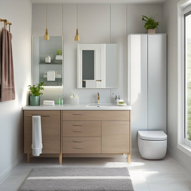 A sleek, modern bathroom with 10 varied storage solutions, including a wall-mounted cabinet, recessed shelves, and a freestanding vanity, in a calming color palette with natural light pouring in.