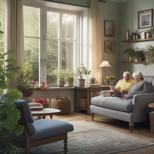 A serene, well-lit living room with a senior-friendly layout: a walker parked beside a plush armchair, a low-maintenance garden on a windowsill, and a minimalist, easy-to-navigate floor plan.