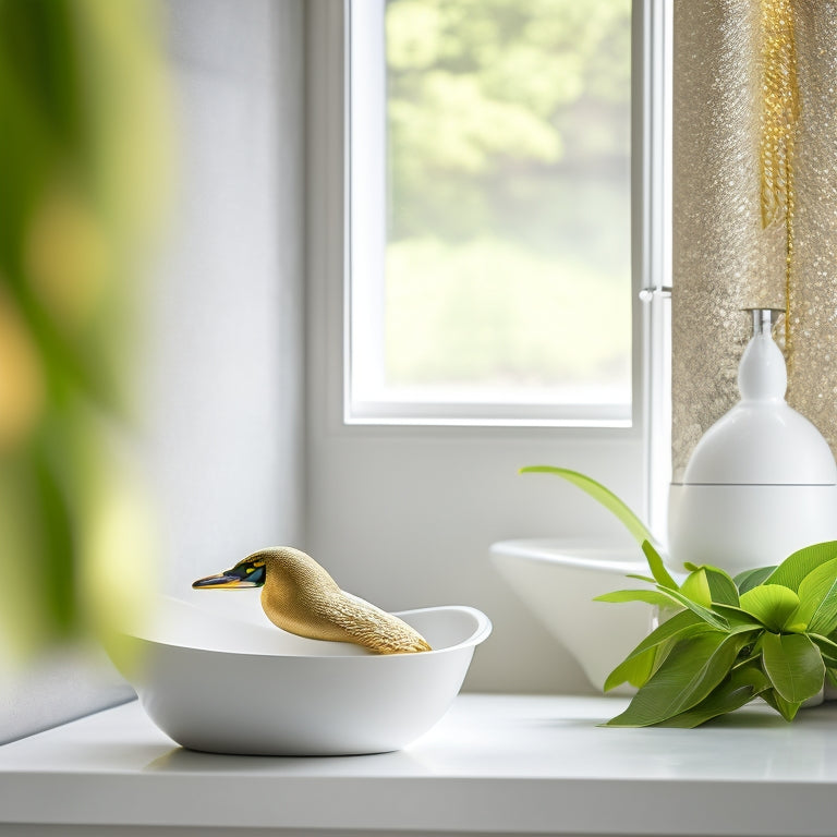 A minimalist, modern bathroom with a towel folded into a precise, intricate swan shape, placed on a crisp, white countertop, surrounded by lush greenery and soft, golden lighting.