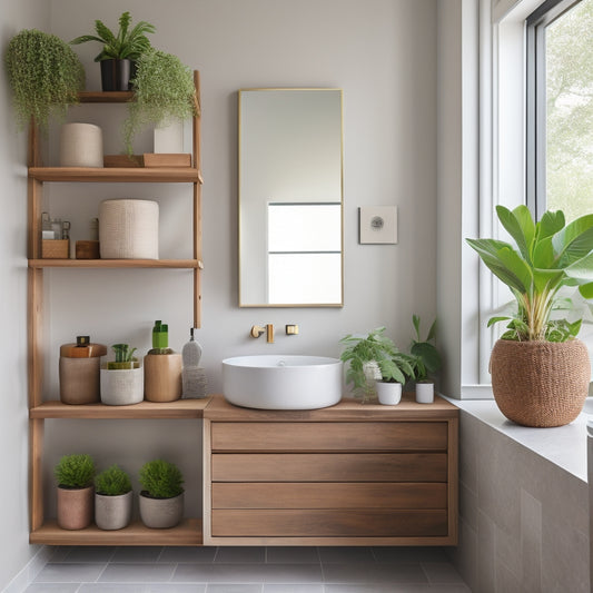 A sleek, minimalist bathroom featuring stylish wall-mounted wooden shelves, neatly arranged with decorative baskets, potted plants, and elegant toiletries, complemented by modern fixtures and soft natural lighting for a serene atmosphere.