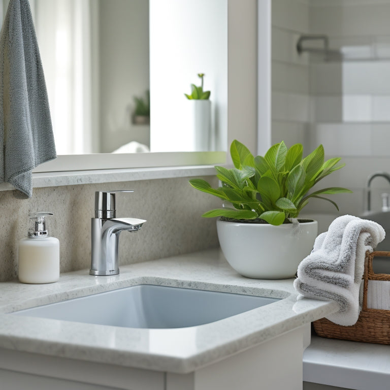 A tidy bathroom sink area with a newly installed under-sink shelf, holding a few rolled towels, a soap dispenser, and a small potted plant, against a clean white background.