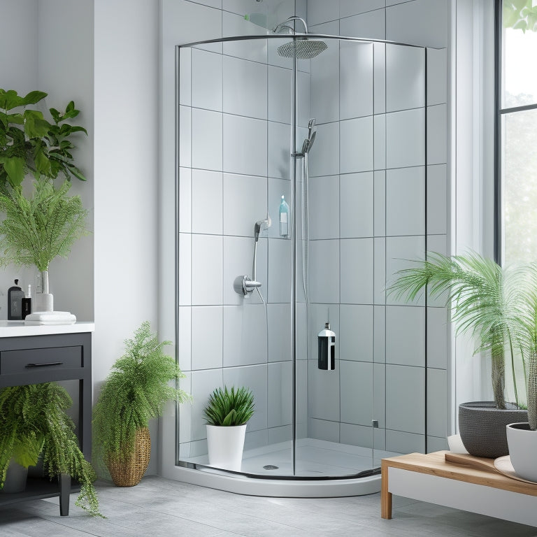 A sleek, modern shower with a corner shelf featuring a minimalist soap dispenser, a few rolled towels, and a small potted plant, surrounded by gleaming chrome fixtures and a glass enclosure.