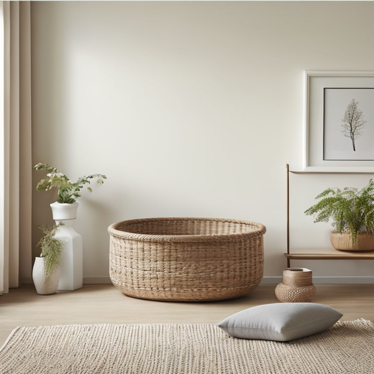 A serene and airy room with a few, carefully selected, minimalist decorative items, surrounded by empty space, with a single, open box or basket in the center, symbolizing a fresh start.