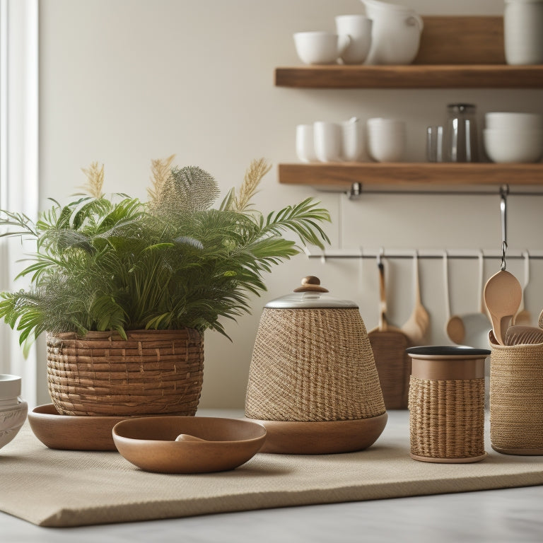 A warm-toned, minimalist kitchen scene featuring a countertop with a woven seagrass basket, filled with neatly arranged kitchen utensils, alongside a few decorative ceramic jars and a small potted plant.