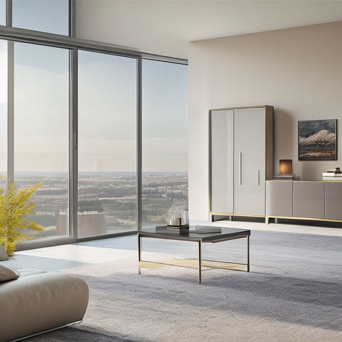 A modern, minimalist living room featuring a sleek, floor-to-ceiling glass door cabinet with chrome hardware, surrounded by neutral tones and warm lighting, with a subtle cityscape view in the background.