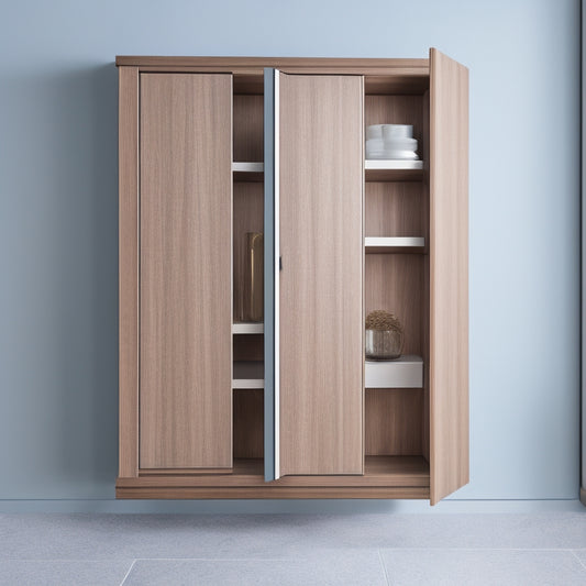 A modern, sleek wall cabinet with two doors, three shelves, and a soft-close mechanism, set against a light gray background with a subtle wood grain texture, surrounded by minimal decorative trim.