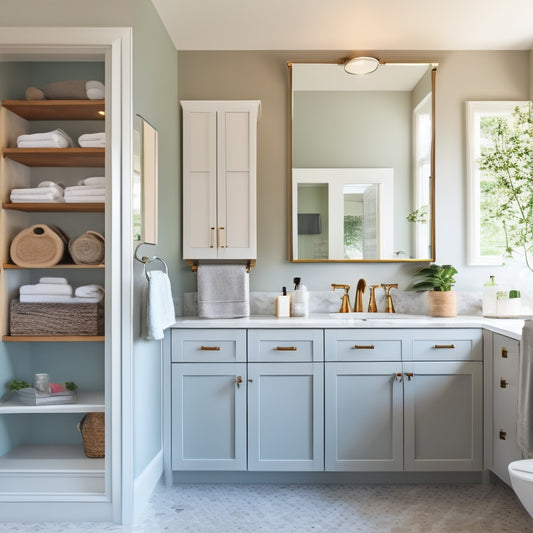 A modern bathroom with white cabinets, gray countertops, and a large mirror, featuring various storage solutions: a recessed medicine cabinet, a wall-mounted shelf, and a decorative storage basket.