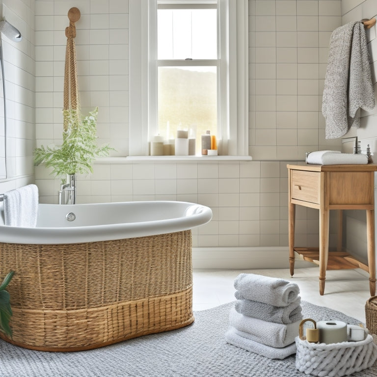 A serene bathroom with a freestanding tub, surrounded by woven wicker baskets in various sizes, holding rolled towels, toiletries, and decorative objects, amidst a calming backdrop of soft gray walls and white marble countertops.