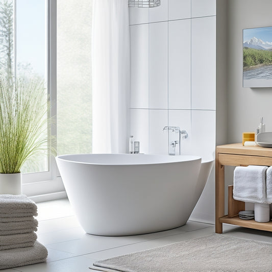 A serene, white, freestanding bathtub surrounded by a minimalist, modern bathroom, with a built-in shelf, woven basket, and chrome storage rack, showcasing organized toiletries and towels.