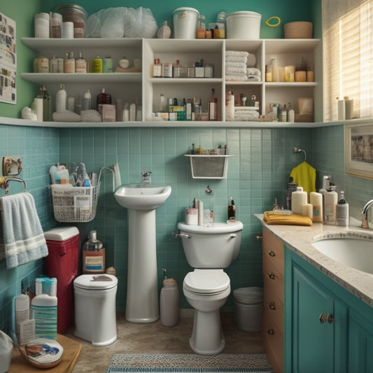 A cluttered bathroom with a large, unused gap between the sink and toilet, surrounded by scattered toiletries and a messy countertop, with a faint outline of a potential shelving unit or storage solution in the empty space.