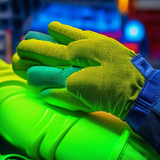 A close-up shot of a pair of high-visibility, neon-green safety gloves with reflective strips, worn by a hand grasping a wrench, set against a blurred industrial background with machinery and tools.