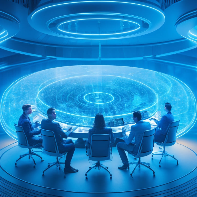 A futuristic, circular hub with glowing blue lines and neon nodes, surrounded by diverse, minimalist silhouettes of people collaborating, with laptops, tablets, and virtual reality headsets scattered around.