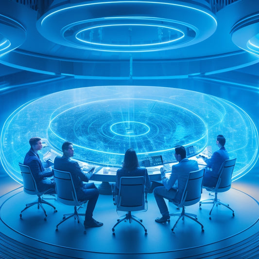 A futuristic, circular hub with glowing blue lines and neon nodes, surrounded by diverse, minimalist silhouettes of people collaborating, with laptops, tablets, and virtual reality headsets scattered around.