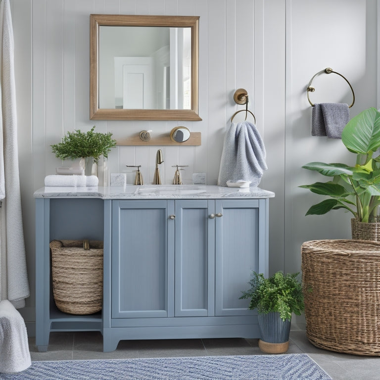 A serene bathroom with a double sink vanity, soft-close drawers, and a wall-mounted cabinet, featuring a woven basket, a few rolled towels, and a small potted plant on a marble countertop.