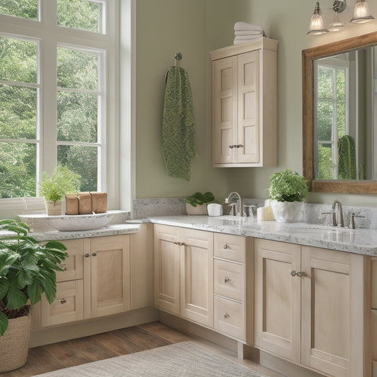 A serene bathroom scene featuring a double sink vanity with light wood cabinets, creamy white countertops, and soft, warm lighting, surrounded by lush greenery and a subtle, natural stone backsplash.