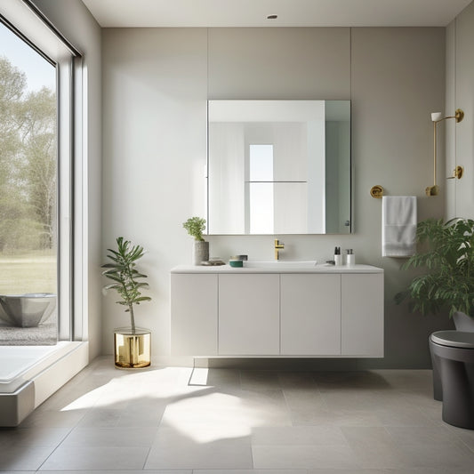 A modern, sleek bathroom with a wall-mounted sink, minimalist faucet, and ample negative space, surrounded by large, rectangular floor tiles and a floor-to-ceiling mirror, bathed in soft, natural light.