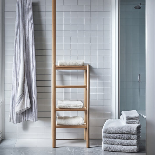 A serene, minimalist bathroom with a few rolled towels stacked in a wall-mounted wooden ladder, beside a matching freestanding towel rack holding a few folded towels, on a light-gray marble floor.