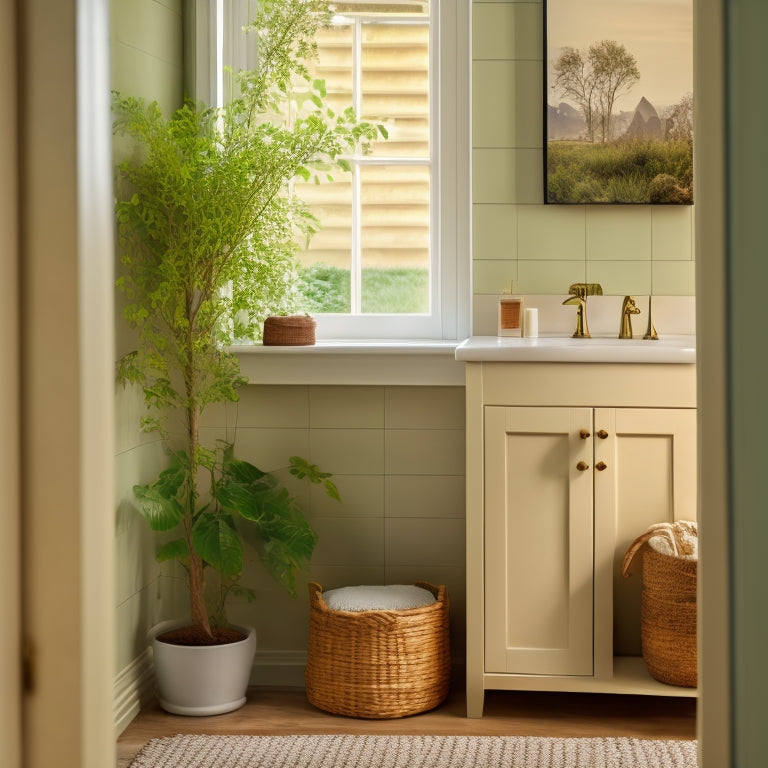 A serene small bathroom with a wall-mounted cabinet, a pedestal sink with a built-in shelf, and a woven storage basket tucked beneath, surrounded by calming greenery and soft, warm lighting.