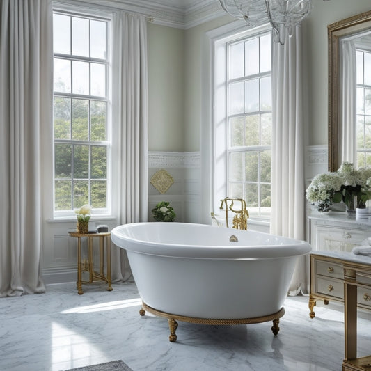 A serene, spacious bathroom with marble countertops, a freestanding tub, and a large window with soft, white curtains, featuring a stylish, floor-to-ceiling cabinet with ornate metal handles and subtle, ambient lighting.