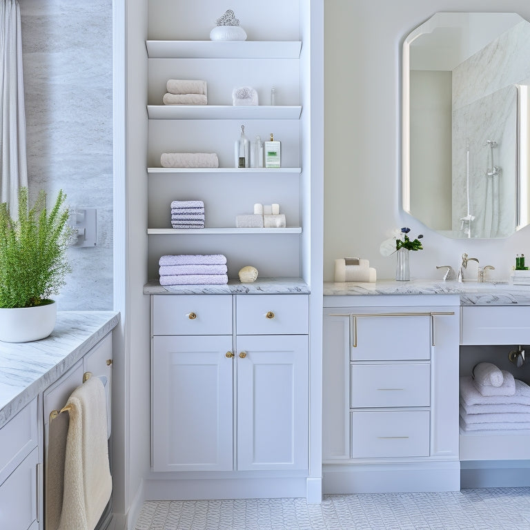 A serene, modern bathroom with 10 distinct corner shelves, each showcasing a unique organizer style, filled with rolled towels, toiletries, and decorative accents, against a calming white and gray marble backdrop.