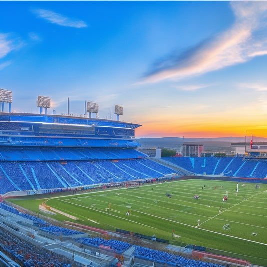 A panoramic view of Nissan Stadium at sunset, with the Tennessee Titans' navy blue and silver seats filled with cheering fans, the Jumbotron displaying a live game, and the Nashville skyline in the background.