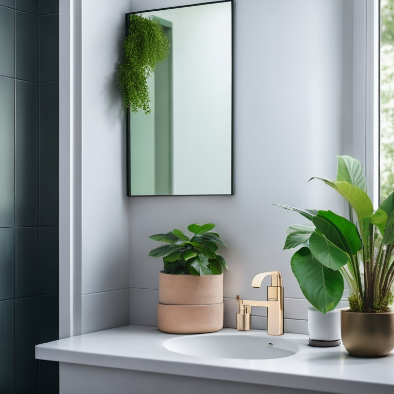 A minimalist bathroom countertop with a sleek, wall-mounted faucet, a geometric-shaped mirror, a potted plant with rounded leaves, and a few strategically placed, modern bathroom essentials in a monochromatic color scheme.