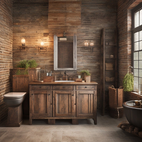 Industrial bathroom with distressed wood cabinets featuring metal hardware, exposed brick walls, reclaimed wood shelves, and vintage metal lighting fixtures in a rustic, earthy color palette.