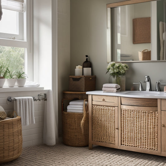 A serene bathroom scene with a wall-mounted cabinet, woven baskets, and a pedestal sink surrounded by a few neatly arranged toiletries, with a subtle natural light filtering through a nearby window.