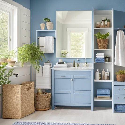 A serene bathroom scene featuring 7 blue storage units of varying shapes and sizes, arranged artfully on shelves, countertops, and floor, amidst crisp white towels and lush greenery.