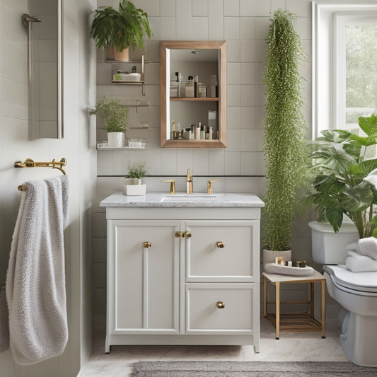 A stylish bathroom featuring elegant over-the-toilet shelving with sleek drawers, adorned with decorative plants, neatly folded towels, and small toiletries, all set against a calming color palette and soft, warm lighting.