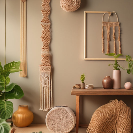 A serene, minimalist background with a beautifully crafted macramé wall hanging adorned with delicate wooden beads and soft, earthy-toned cords, surrounded by lush greenery and a few scattered craft supplies.