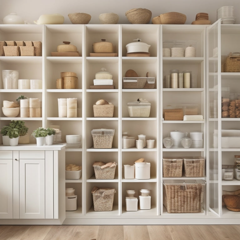 A tidy, minimalist pantry with cream-colored shelves, arranged with identical, spacious, and transparent storage bins, each containing a specific type of food or kitchen item, with Gwyneth Paltrow's signature calm, natural aesthetic.