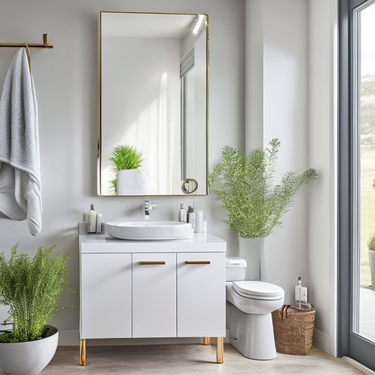 A clean and modern bathroom with a large mirror, a wall-mounted sink, and a towel rack, showcasing the installed on-wall vanity with exposed pipes and a sleek faucet.