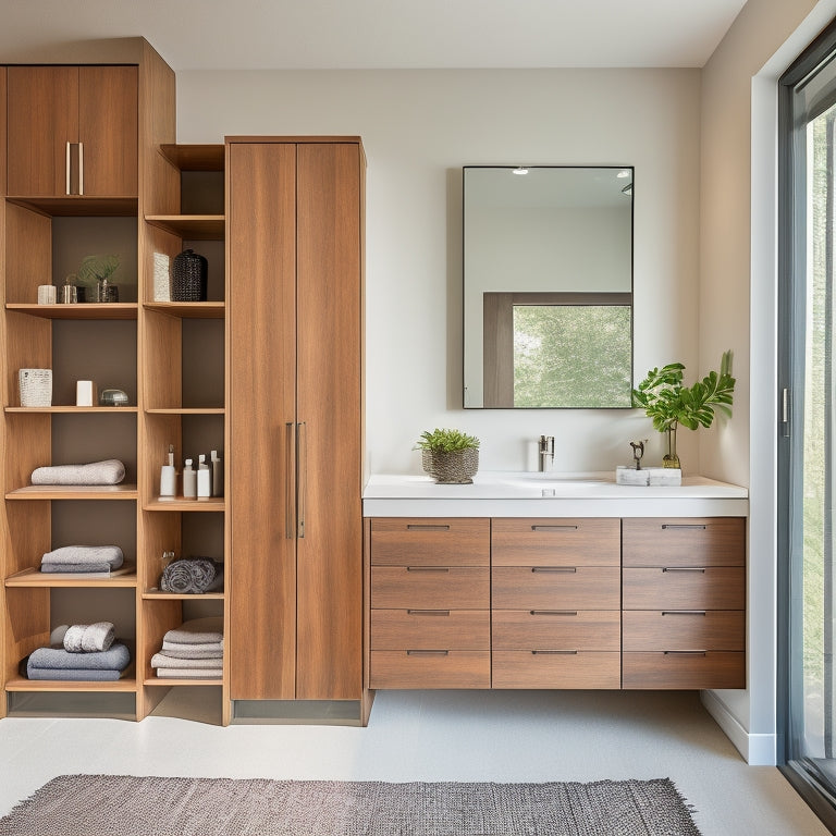 A sleek, modern bathroom with a floor-to-ceiling storage unit featuring multiple drawers, shelves, and cabinets in a combination of glass, wood, and metal, surrounded by a minimalist aesthetic.