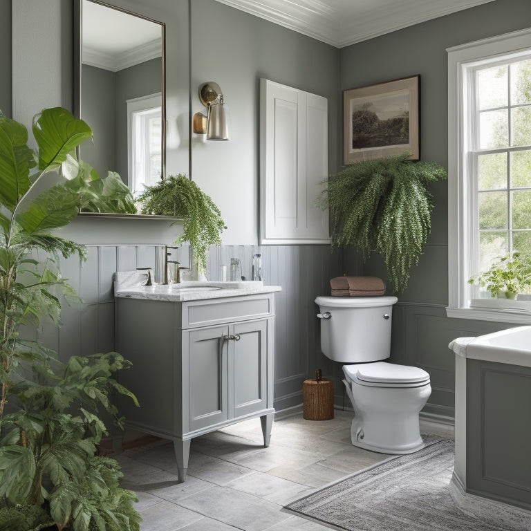 A serene bathroom with a fresh coat of soft gray paint, new chrome fixtures, and a refurbished vintage vanity, surrounded by lush greenery and soft, warm lighting.