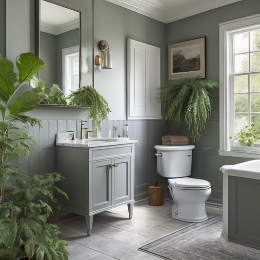 A serene bathroom with a fresh coat of soft gray paint, new chrome fixtures, and a refurbished vintage vanity, surrounded by lush greenery and soft, warm lighting.