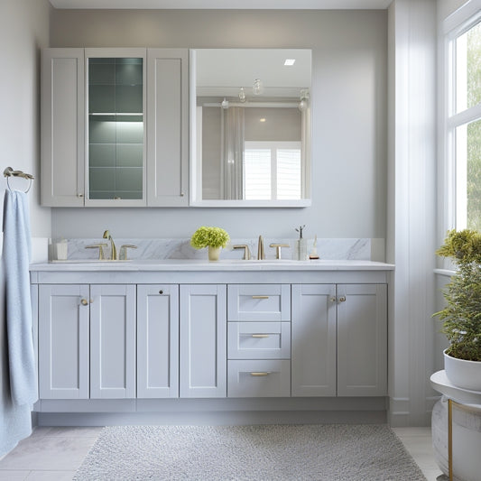 A modern bathroom with a sleek, white cabinet featuring soft-close drawers and a mirrored door, set against a calming gray backdrop with a few scattered, fluffy towels.