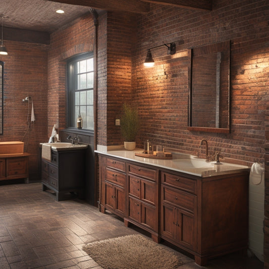 A dimly lit industrial-style bathroom with exposed brick walls, featuring a row of cabinets in five distinct colors: distressed wood, matte black, polished chrome, weathered copper, and rough-hewn concrete.