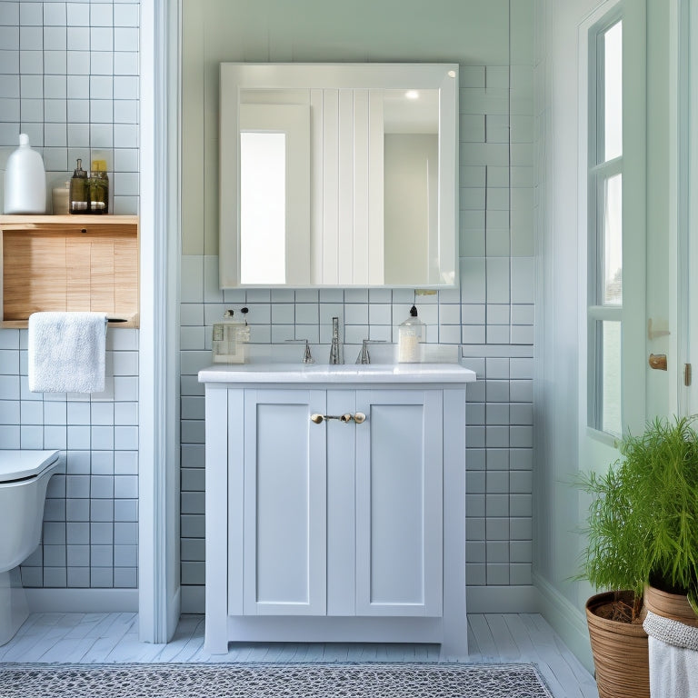 A minimalist bathroom with a wall-mounted cabinet featuring a mirrored door, a recessed shelf above the sink, and a woven basket tucked beneath the pedestal sink, surrounded by calming white and gray tones.