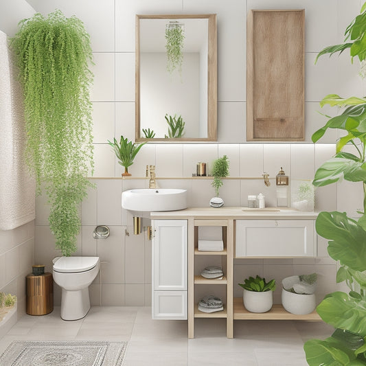 A modern half bathroom with a sleek, white sink and toilet, featuring three floating wooden shelves in a natural finish, adorned with decorative vases, towels, and lush greenery.